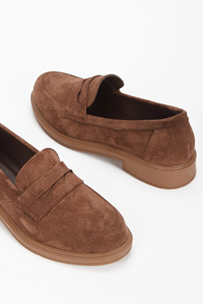 Miss Mitto Γυναικεία παπούτσια Loafer με ίσια χοντρή σόλα σε καφέ σουέντ