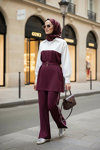 Aselim Hijap Moda طقم نسائي من قماش المودال بتفاصيل حزام من أفيلين – لون أحمر...