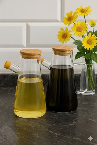 Genel Markalar 2 Adet 900ml Bambu Kapaklı Vakumlu Borosilikat Yağdanlık (Bamb...