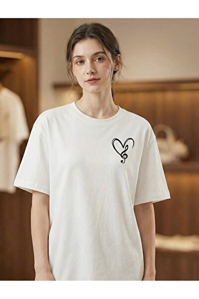 LELVANİ تي شيرت مطبوع عليه نمط الموسيقى والرسومات على شكل قلب