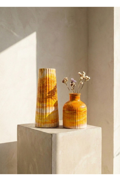 EssLivingCo Marble Line - Mermer Desenli Dekoratif Vazo Seti (2’li)