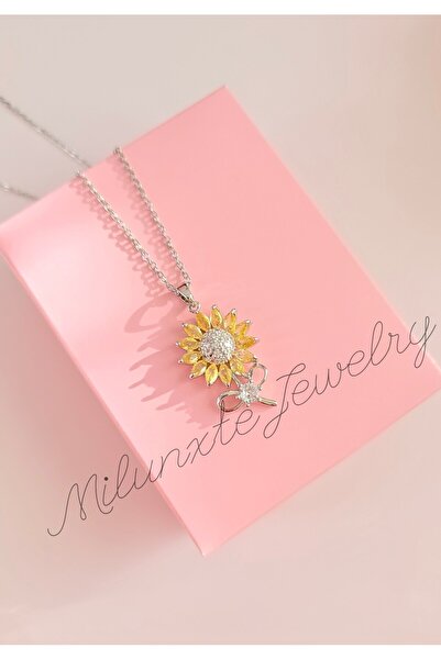 MİLUNXTE Gümüş Renk Çelik Zirkon Taşlı Ayçiçeği Fiyonk Kolye, Kararmaz Suya D...