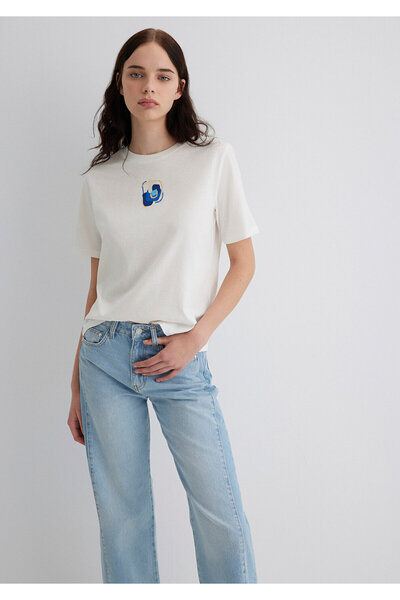 Mavi Weißes T-Shirt mit Evil Eye Bead-Print, reguläre Passform, normale Passf...