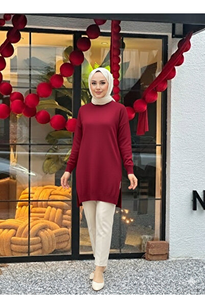 Gioni Claret Red Crew Neck Mercerized Casual Knitwear Tunic