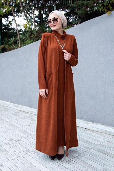 TRENDTESETTÜR KADIN KAHVE (KİREMİT) CEPLİ İKİLİ TRİKO ELBİSE 7608