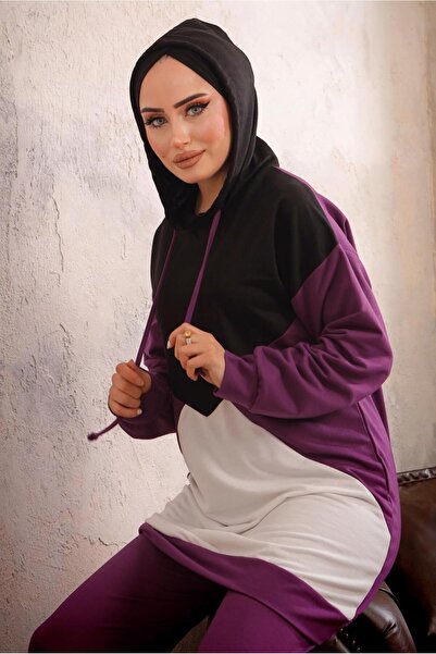 TRENDTESETTÜR KADIN MOR KAPÜŞONLU BELİ LASTİKLİ İKİLİ PANTOLON TAKIMI T 5092