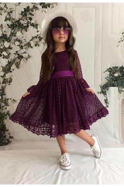 Delfini kids Kız Çoçuk Mor Şapkalı Güpürlü Prenses Model Elbise