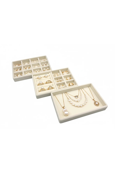 MeGass Dekor Yerli Üretim Süet Kumaş Krem Renk 3 lü Takım Çekmeçe İçi Takı St...