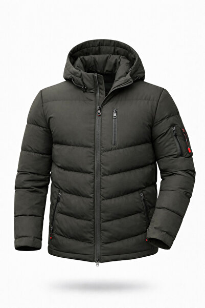 Mero Life معطف شتوي منتفخ للرجال مقاس ضيق باللون الكاكي بغطاء رأس مقاوم للماء...