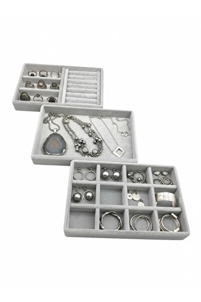 MeGass Dekor مجموعة من 3 حاملات مجوهرات من قماش الجلد المدبوغ باللون الرمادي ...