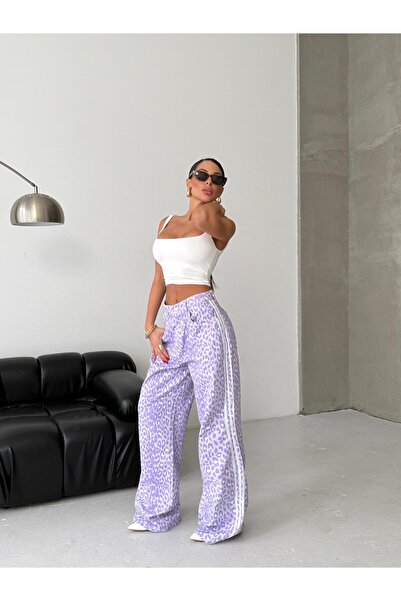 HerTon Lila Leopar Desenli Yüksek Bel Geniş Paça Pantolon