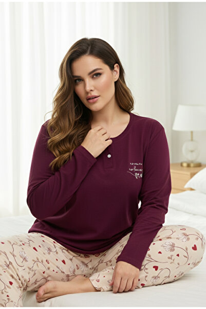 Siyah İnci بدلة بيجامة قطنية بأزرار كبيرة الحجم منقوشة باللون العنابي الداكن2...