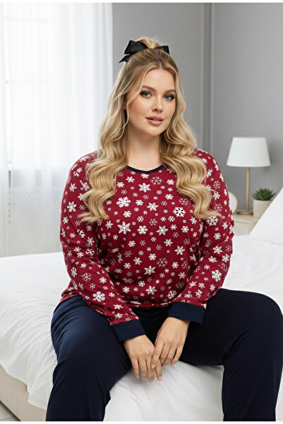 Siyah İnci Σετ πιτζάμες με μπορντό μοτίβο Curve Plus Size Oversize Cotton2524...