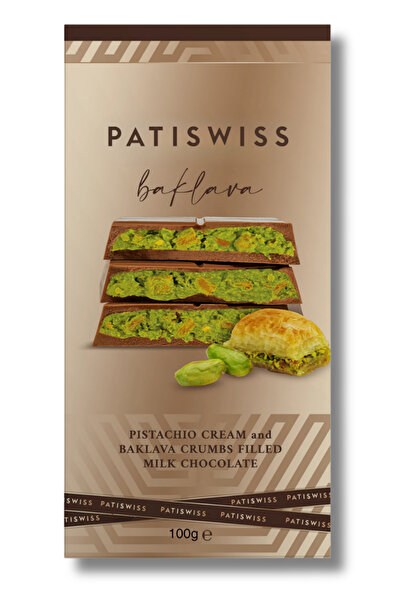 Patiswiss Antep Fıstıklı Krema ve Baklava Kırıntılı Sütlü Çikolata, 100G