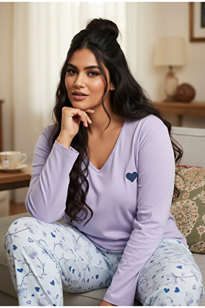 Siyah İnci Σετ πιτζάμες από βαμβακερές πιτζάμες με λιλά σχέδιο Curve Plus Siz...