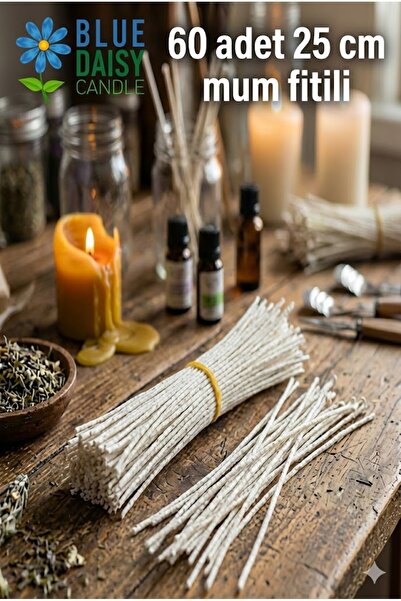 BlueDaisyCandle 25 Cm sert mumlanmış Fitil ( 60 Adet ) Yüzde Yüz Pamuk Ipinde...