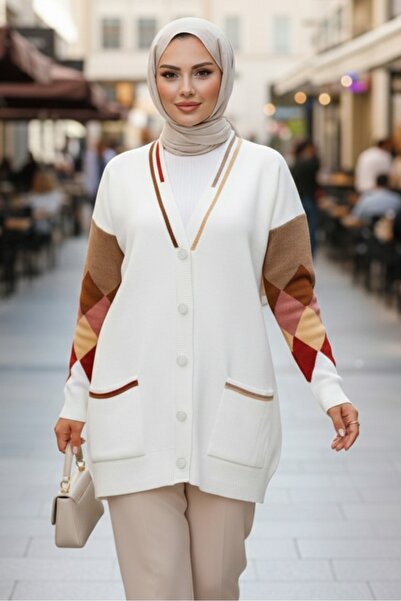 Bestenur Baklava Pattern Knitwear Cardigan 1243 - White
