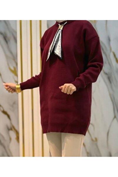 Vaniza guler rotund Pulover tricotat casual cu eșarfă