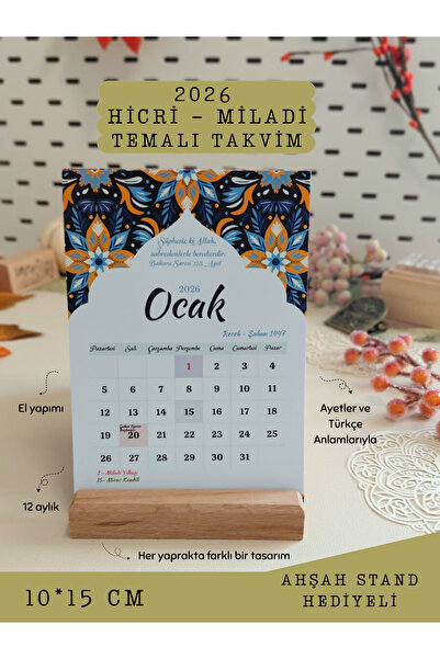 Else Craft 2026 Yılı Hicri ve Miladi Ortak Masaüstü İslami Takvim - Çiçekli -...