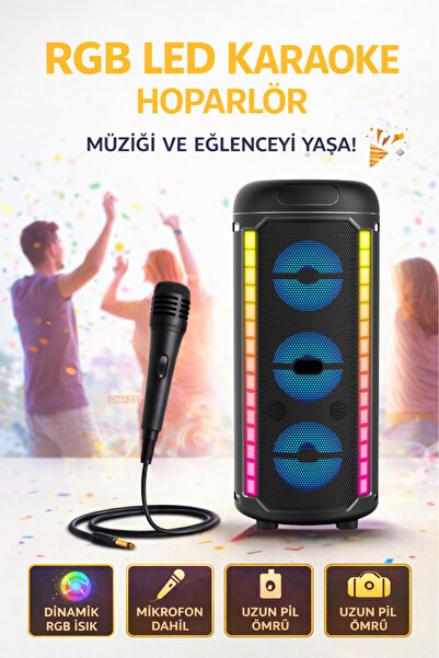 Omaze RGB LED Karaoke Bluetooth Hoparlör Mikrofon Dahil Kablosuz Taşınabilir ...