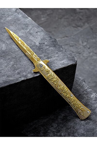 VEX Outdoor Altın Gül Motifli Beyefendi Katlanır Yarı Otomatik Cep Çakısı Kem...