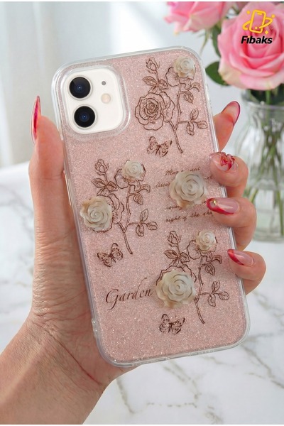 Fibaks Apple iPhone 11 Uyumlu Kılıf Simli Beyaz Gül Desenli Renkli Parlak Dar...