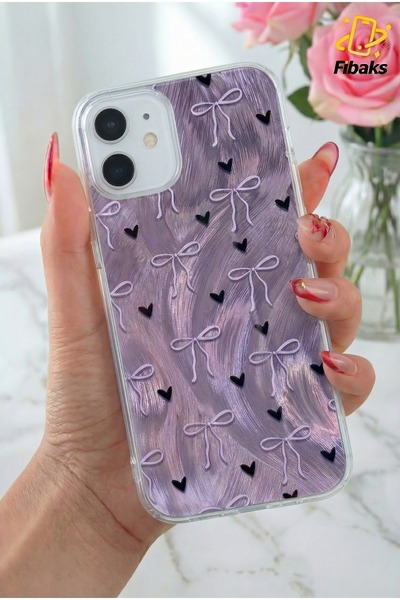 Fibaks iPhone 11 Kılıf Hologramlı Siyah Kalp Mor Fiyonk Desenli Darbe Emici K...