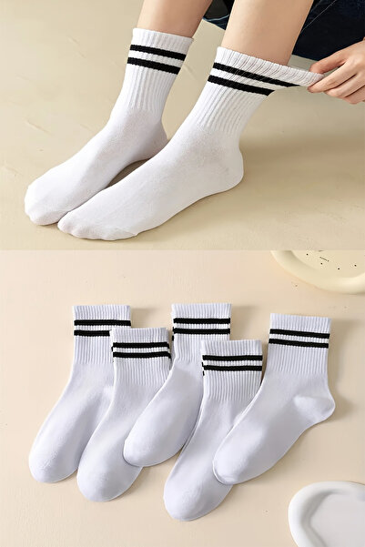 Meguca Socks Unisex Siyah Çizgili Beyaz Pamuklu Kolej Çorap Seti 5 Çift