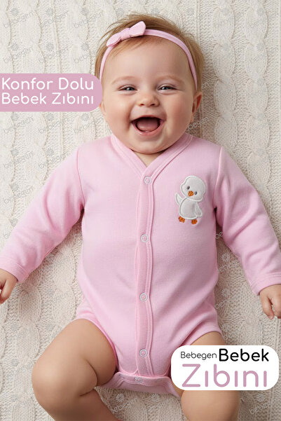 bebegen Civciv Nakışlı Kendinden Eldivenli Uzun Kollu Çıtçıtlı Pembe Zıbın