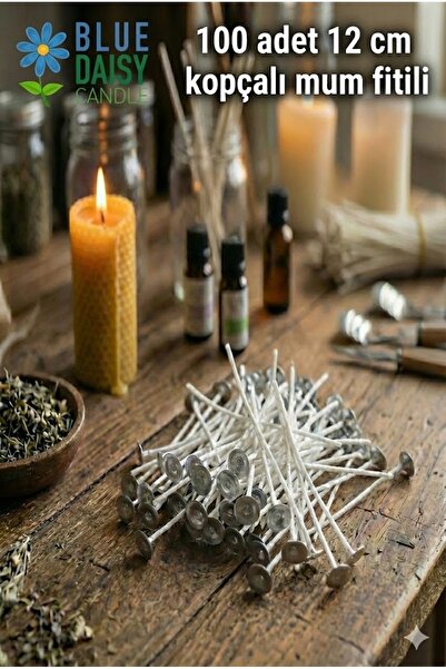 BlueDaisyCandle Hazır Kopçalı 12 Cm 100 Adet % 100 Pamuk Mum Fitili Hazır Ser...