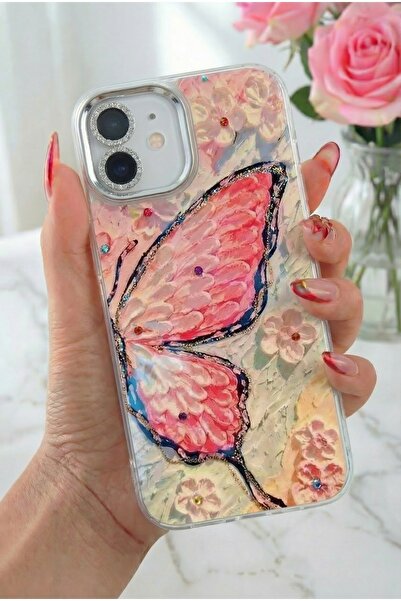 Fibaks iPhone 11 Kılıf Renk Geçişli Taşlı Kamera Lens Korumalı Simli Pembe Ke...