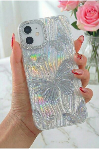Fibaks حافظة آيفون 11 من السيليكون مع نمط فراشة فضي لامع وحجر هولوغرامي، ممتص...