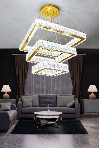 RSCOLLECTIONS 3 Katlı Modern Kare Taşlı Avize Kumandalı Gold