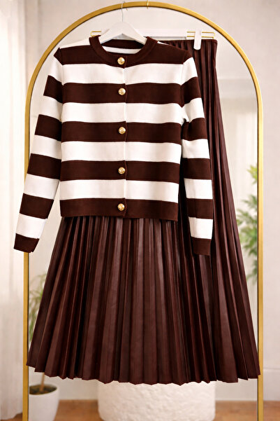 Bahar Altundemir Kadın Triko Hırkalı Piliseli Etekli Kahverengi Takım Kadın K...