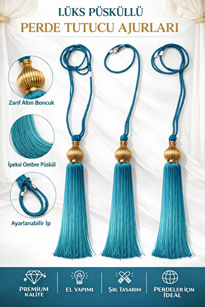 ÇİLLOR 3 LÜ SET TURKUVAZ İPLİ GOLD KUKA PERDE BAĞLAMA TAVAN KORNİŞ BRAÇOL