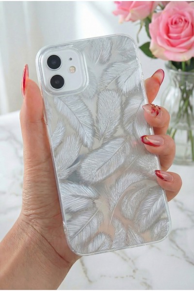 Fibaks iPhone 11 Kılıf Hologramlı Parlak Beyaz Yaprak Desenli Darbe Emici Kam...