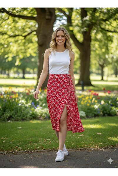 LADY HAZAL Red Floral Slit Skirt Darkalıp High Waist Side Zipper Midi Length ...