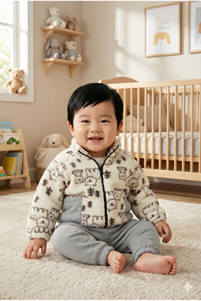 Mini Baray Boy's Patterned Coat and Pants 3-Piece Set (9-12-18 Months)