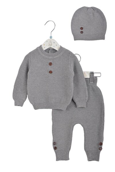 Minora Knitwear Button Detailed 3-Piece Set Gray