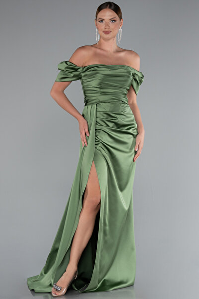 Abiyefon Haki Bacak Dekolteli Kayık Yaka Uzun Saten Abiye Elbise Abu1606