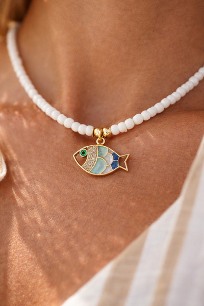 HERCY White Glass Beaded Fish Necklace |   Fish Necklace |   White Beaded Necklace |   Blue Fish Necklace
