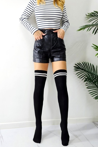 FashionForYou Women's long socks, RIXX, with stripes, Size 36-40, Black
