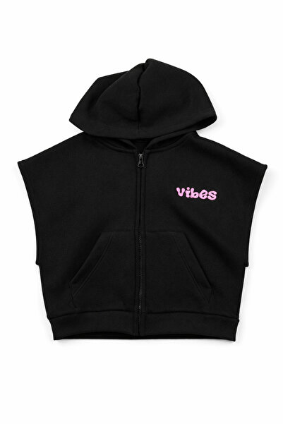 mumuko Kız Çocuk Siyah Kapüşonlu Kışlık Yelek Happy Days Baskılı