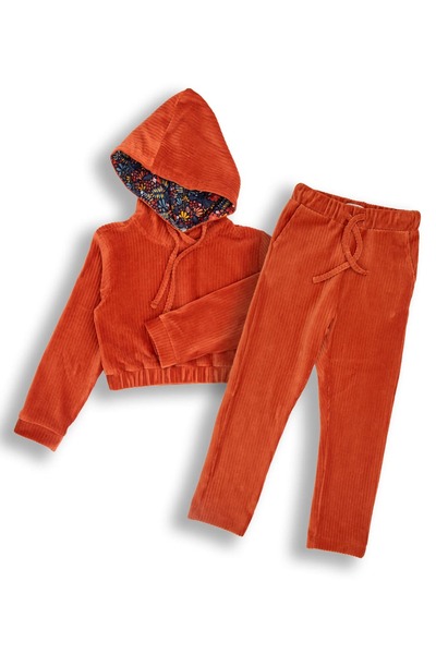 Ozmoz By Mukadder Özden Velvet Hooded Orange Winter Girl's Tracksuit Set