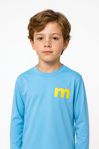 mumuko Erkek Çocuk Açık Mavi Minimal Logo Baskılı Uzun Kollu %100 Pamuk Tişört