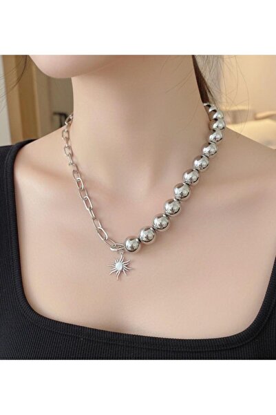 xesha قلادة فضية اللون غير متماثلة على شكل الشمس - تصميم خرز كروي كبير وسلسلة...