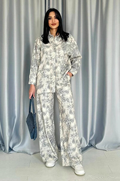 Moda Days Patterned Oversized Shirt Collar Trousers Women's Set Comfortable Fit Daily Stylish Two-Piece Set