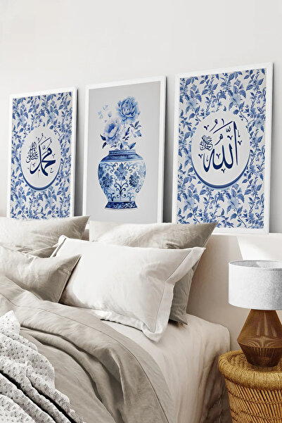 kutuTR Beyaz Çerçeveli 2D UV Baskı 3’lü MDF Tablo–Mavi çini desenli Allah–Muh...