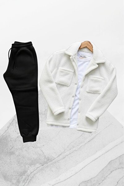 NO 601 Unisex White Buttoned Plush Jacket Black Sweatpants Set 2 Piece Set