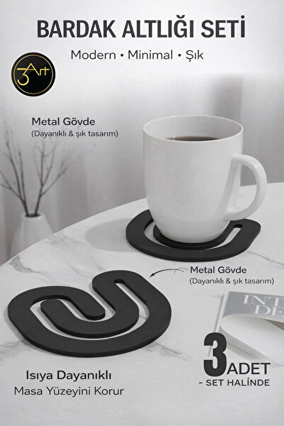 3Art Metal Dekorasyon Tic.Ltd.Şti Metal Coaster Set of 3 – Heat Resistant, Modern & Minimalist Design Table Protector
